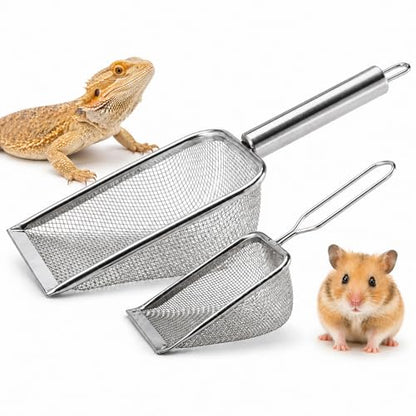 Stainless Steel Hamster Sand Scoop Set, 1mm Fine Mesh & Standard Scoop Combo, Small Pet Sand Bath Cleaner for Hamsters, Gerbils, Mice, Reptiles, Easy Sifting for Fine Sand