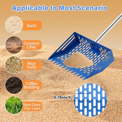 2-in-1 Chicken Poop Scooper & Rake, 10 Inch Chicken Coop Scoop with 37" to 65" Adjustable Stainless Steel Handle, Pooper Scooper Set with Gloves, Pet Farm Animal Waste Cleaning Tools (Blue) - color: Blue
