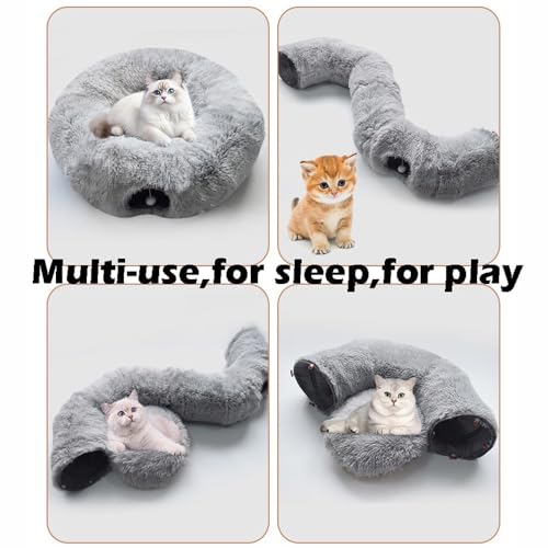 Cat Bed Tunnel Tube Toy Grey Plush | Collapsible Round Tunnels for Indoor Cats, Interactive Toys Play Tubes with Hanging Ball for Kitten, Puppy, Rabbit - color: Grey Plush O