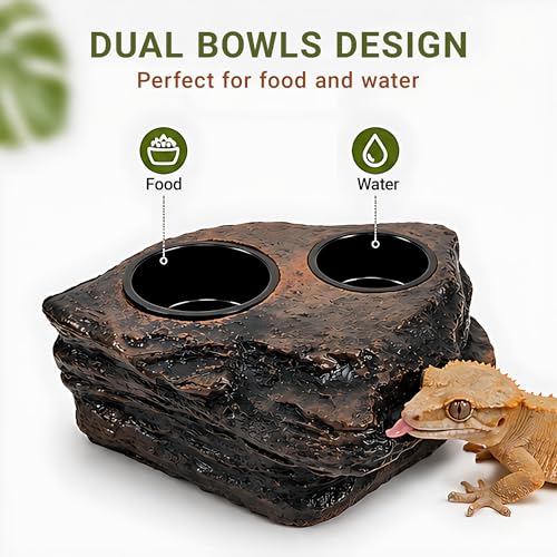 Magnetic Crested Gecko Feeding Ledge with Tongs, 4-Cup Rock Feeder | Made of pet-safe rock plastic for arboreal tanks, this dual-magnet dish stays secure, paired with 6.29in feeding tweezers