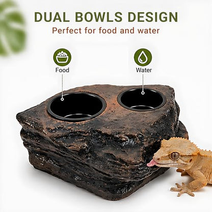Magnetic Crested Gecko Feeding Ledge with Tongs, 4-Cup Rock Feeder | Made of pet-safe rock plastic for arboreal tanks, this dual-magnet dish stays secure, paired with 6.29in feeding tweezers
