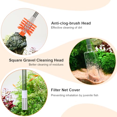 AQQA Aquarium Siphon Vacuum Cleaner Kit with 3 Replaceable Heads (S) | Simultaneous Water Changing, Cleaning in Fish Tanks, Gravel and Sand Cleaning (S) - size: S