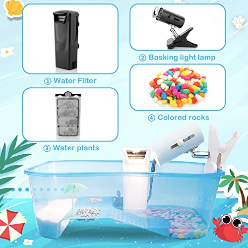 Turtle Tank with Multi-Function Areas, Easy Assembly, Ideal for Small Turtles & Reptiles, Includes Plastic Tree & Fishing Net | Quiet Water Pump, Light, Multi-Function Areas, Easy Assembly - color: blue+pump light
