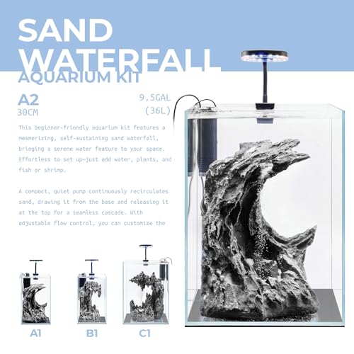 Sand Waterfall Tank Kit - Silent Operation Falling Sand Fish Tank w/LED Light and Self Cleaning Filtration - Desktop Rimless Starter Aquarium Kit, Just Add Plants - 9.51GAL | 36L (A2) - size: A2 (30CM)