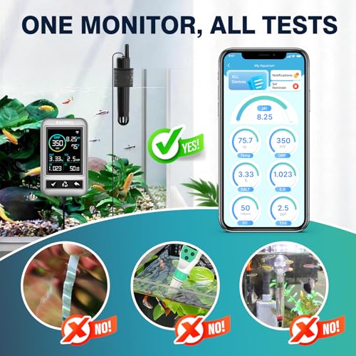 Long-Range WiFi Aquarium Water Quality Monitor – 7 Parameter Digital Aquarium Water Tester for pH ORP EC TDS Salinity SG Temp, Freshwater & Saltwater Tanks - color: Jet Black & Metal Gray