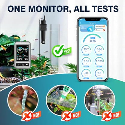 Long-Range WiFi Aquarium Water Quality Monitor – 7 Parameter Digital Aquarium Water Tester for pH ORP EC TDS Salinity SG Temp, Freshwater & Saltwater Tanks - color: Jet Black & Metal Gray