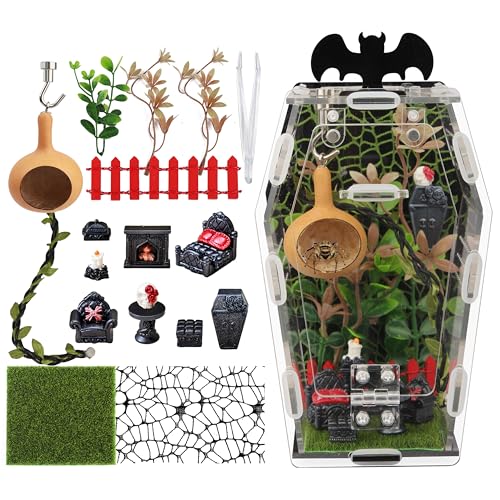 19PCS Jumping Spider Enclosure Kit, Acrylic Goth Coffin Terrarium with Magnetic Lock & Feeding Hole, DIY Decor Set for Tarantula Mantis Insect Habitat, Black Base