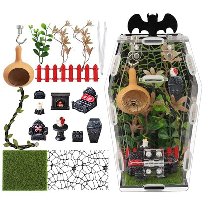 19PCS Jumping Spider Enclosure Kit, Acrylic Goth Coffin Terrarium with Magnetic Lock & Feeding Hole, DIY Decor Set for Tarantula Mantis Insect Habitat, Black Base