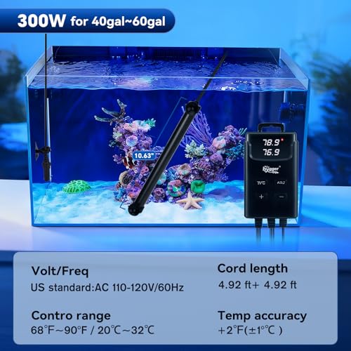 hygger Aquarium Heater,Submersible Fish Tank Heater with External Digital Display, Including Overheat & Leakage Protection and Temperature Sensor for Freshwater and Saltwater (300W for 40gal~60gal) - size: 300W for 40gal~60gal