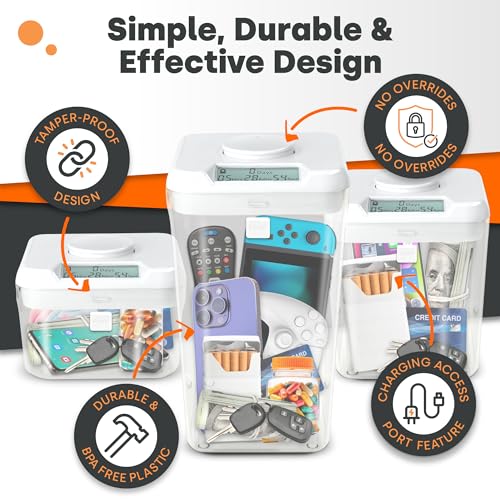 ﻿﻿﻿K-Safe Time Locking Container (Medium), Timed Lock Box for Cell Phones, Snacks, and Other Unwanted Temptations (White Lid + White Base, with Access Port)