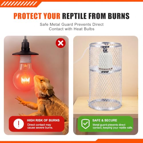 1 Pcs Reptile Heat Lamp Guard with 150W Ceramic Heat Emitter Basking Anti Scald Heating Lamp Holder Mesh Cage Reptile Protection Lampshade for Lizard Snake Without Bulb (4 Inch,White,Silver) - color: White, Silver