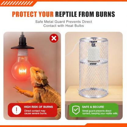1 Pcs Reptile Heat Lamp Guard with 150W Ceramic Heat Emitter Basking Anti Scald Heating Lamp Holder Mesh Cage Reptile Protection Lampshade for Lizard Snake Without Bulb (4 Inch,White,Silver) - color: White, Silver