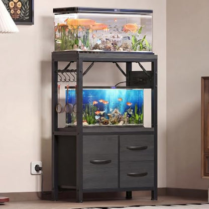 Heybly 5-10Gal Fish Tank Stand with Drawer, Power Outlet,200lbs HAS002SBK-1 | Aquarium Stand,Heavy Duty Metal Frame for Fish Tank, Turtle & Reptile Terrarium, 20.5" × 10.2" Top, Black - color: Black, size: 5-10 gal