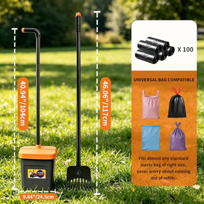 Pooper Scooper, 46" Long Handle Heavy Duty Picker-Upper, Swivel Bin Rake Kit with Bag Attachment, 100 Waste Bags for Small Large Dogs Puppy Poop Trash Litter Cleanup Yard Outdoor Pet Essentials - color: Gray & Bright Orange