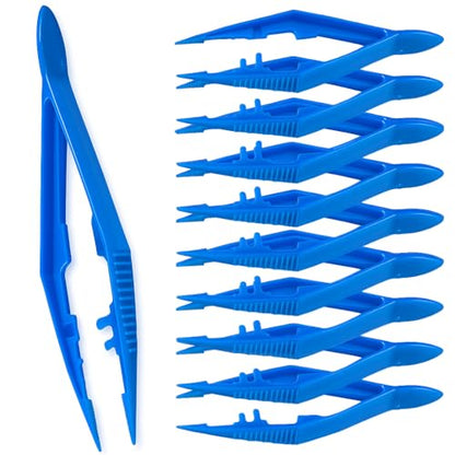 Vakly Disposable Plastic Forceps Tweezers Blue (10 Pack) – Serrated Tip Pickup Tweezers with Finger Ridges & Narrow Points for First Aid, Medical, Lab, Crafts & School Science