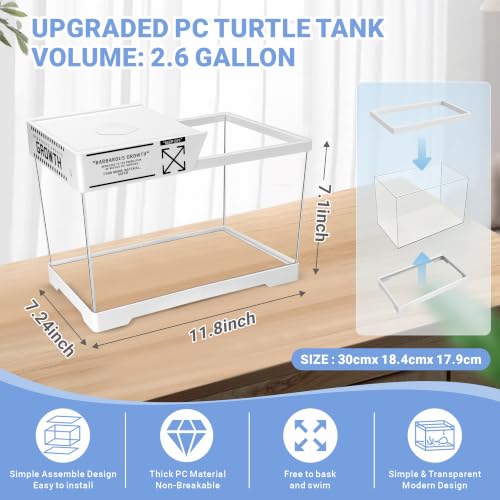 GOZILLA Mini Turtle Tank Kit with Adjustable Lamp, Upgrade PC Hermit Crab Tank, Small Turtle Starter Kit with Lid, Resin Hideout for Baby Turtles and Crabs (11.8×7.24×7.1''/White Kit) - color: White-Hill