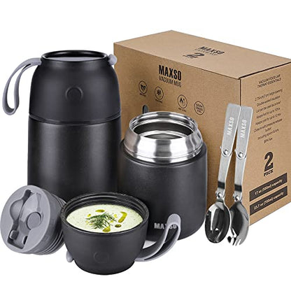MAXSO 2 Pack Soup Thermo for Hot & Cold Food for Kids Adults, Vacuum Insulated Food Jar Thermal Lunch Containers, Travel Food Flask with Spoon (24 oz,17 oz) (Black) - color: Black