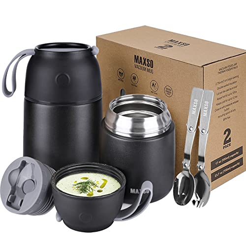 MAXSO 2 Pack Soup Thermo for Hot & Cold Food for Kids Adults, Vacuum Insulated Food Jar Thermal Lunch Containers, Travel Food Flask with Spoon (24 oz,17 oz) (Black) - color: Black