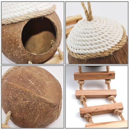 Leopard Gecko Coconut Hut with Ladder,Grested Gecko Coco Den Lizards Hanging Coconut Shell Hideout Cave Reptiles Tank Accessories Climbing Hanging Plants Jungle Vine Flexible Leaves Decor - style: 【Style D】