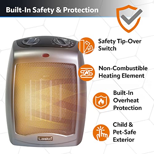 Lasko Portable Indoor Electric Ceramic Space Heater with Tip-Over Safety Switch,Overheat Protection and Thermostat,2 Speeds,Safe for Home,9.2 Inches,Dark Gray,1500W,754201,(Pack of 8) - size: 9.2 Inches - With Tip-Over Switch (Pack of 8)