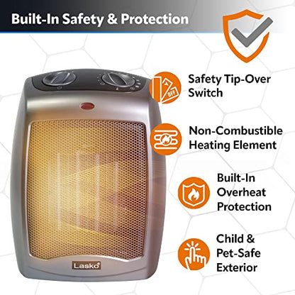 Lasko Portable Indoor Electric Ceramic Space Heater with Tip-Over Safety Switch,Overheat Protection and Thermostat,2 Speeds,Safe for Home,9.2 Inches,Dark Gray,1500W,754201,(Pack of 8) - size: 9.2 Inches - With Tip-Over Switch (Pack of 8)