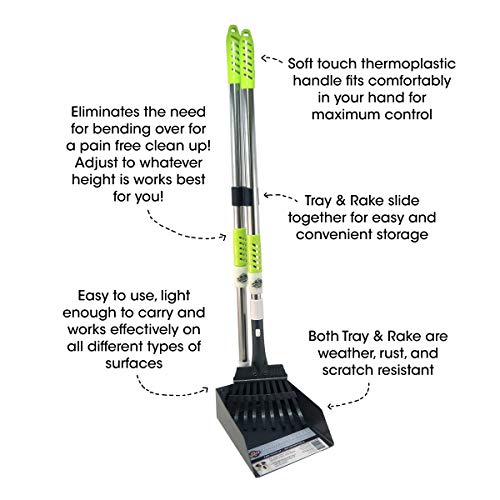 Aluminum Telescoping Metal Handled Poop Tray with Rake Sturdy Lightweight Pooper Scooper Extends 43" Long Scoop Great for Large & Small Dogs (2154)