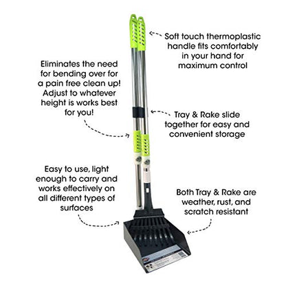 Aluminum Telescoping Metal Handled Poop Tray with Rake Sturdy Lightweight Pooper Scooper Extends 43" Long Scoop Great for Large & Small Dogs (2154)