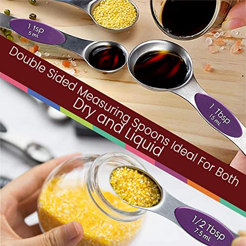 Magnetic Measuring Spoons Set of 9 Stainless Steel Dual-Sided Stackable Measuring Spoon Nesting Teaspoons Measuring Dry and Liquid Ingredients, Fits in Spice Jars Set of 9 (Purple) - color: Purple