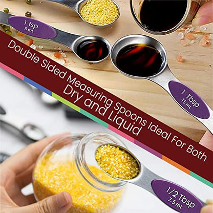 Magnetic Measuring Spoons Set of 9 Stainless Steel Dual-Sided Stackable Measuring Spoon Nesting Teaspoons Measuring Dry and Liquid Ingredients, Fits in Spice Jars Set of 9 (Purple) - color: Purple