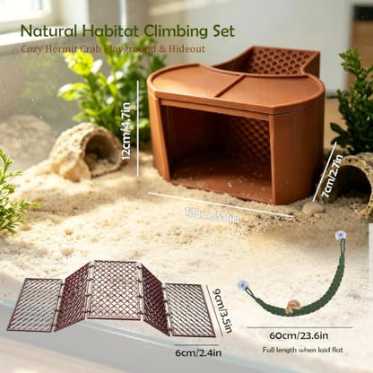 Hermit Crab Cave Habitat Bundle 3-in-1 Climbing & Hiding Set, Cave with Viewing Window + DIY Mesh Ladder & Platform + Suction Cup Rope Ladder Tank Accessories, Reptile Habitat Décor