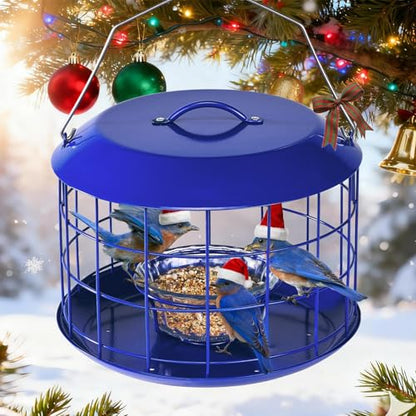 Kingsyard Bluebird Feeders for Outdoors Hanging | Metal Cage Bird Feeder with Tray, Squirrel Proof, for Small wildbirds, Weatherproof, Easy to Refill and Clean, Blue - color: Blue
