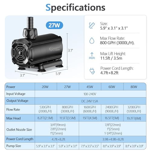 hygger Submersible Pump 800GPH, 27W Water Fountain Pump With Controller | 3000L/H, with 11.5ft. High Lift, 12.9ft. Power Cord, 6 Nozzles for Fish Tank, Outdoor Pond, Aquarium, Statuary, Hydroponics - size: 800GPH 27W