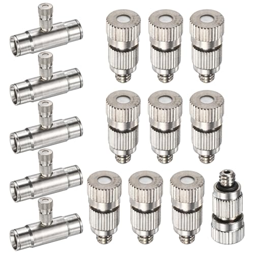 M METERXITY 20-Pack Brass Misting Nozzle Tee Kit, 0.1mm Orifice Dia. High Pressure Spray Misting Nozzle Head, Slip Connectors for 3/8 Inch Drip Irrigation Tubing Kit Outdoor [3/16" Threaded] - size: 0.1mm