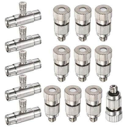 M METERXITY 20-Pack Brass Misting Nozzle Tee Kit, 0.1mm Orifice Dia. High Pressure Spray Misting Nozzle Head, Slip Connectors for 3/8 Inch Drip Irrigation Tubing Kit Outdoor [3/16" Threaded] - size: 0.1mm
