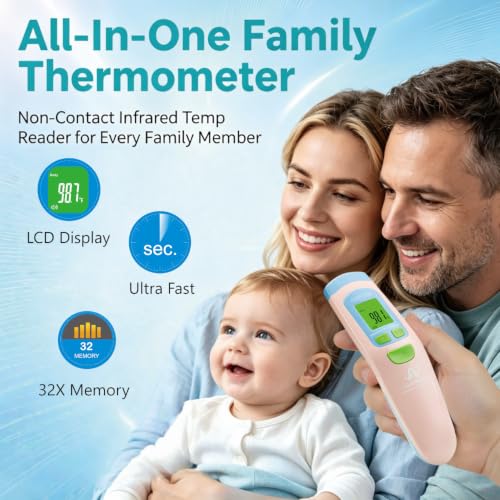 Medical Grade Non-Contact Forehead Thermometer, Pink | With Case, Adults, Kids & Infants, No-Touch, Temporal Fever Thermometer - color: Pink
