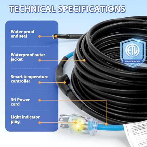 Self-Regulating Pipe Heat Cable, 5W/FT with Thermostat 3ft | Built-in thermostat automatically heats when needed to help keep water flowing in freezing temperatures. - style: 3-feet