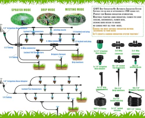 Leak-Proof Drip Irrigation Kit, Quick Connect Irrigation System Kit | Lock Barbed Drip Irrigation Kit, Includes 1/4" & 1/2" Water Tubing Hose, Perfect for Garden, Raised Beds & Lawn Watering - size: Complete Drip Irrigation Kit
