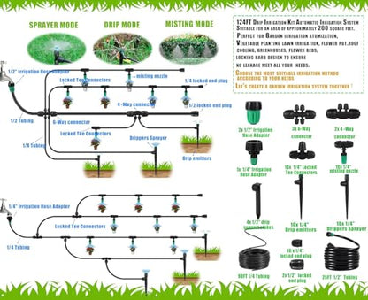 Leak-Proof Drip Irrigation Kit, Quick Connect Irrigation System Kit | Lock Barbed Drip Irrigation Kit, Includes 1/4" & 1/2" Water Tubing Hose, Perfect for Garden, Raised Beds & Lawn Watering - size: Complete Drip Irrigation Kit