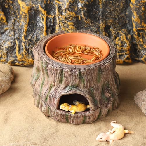 IBWell 3 in1 Reptile Hides and Caves with Detachable Base, Reptile Hideout Leopard Gecko Hide and Crested Gecko Food Dish Humid Hide for Lizard Tank Gecko Tank Accessories
