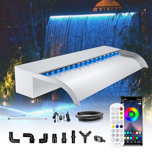Waterfall Pool Fountain, LONGRUN Stainless Steel Waterfall Spillway for Pools and Ponds - 23.6" Wide Decorative Water Feature for Swimming Pools, Koi Ponds, and Garden - size: 23.6 inch Stainless Steel(Curved)