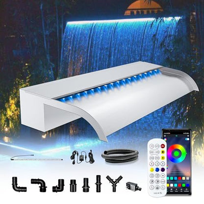 Waterfall Pool Fountain, LONGRUN Stainless Steel Waterfall Spillway for Pools and Ponds - 23.6" Wide Decorative Water Feature for Swimming Pools, Koi Ponds, and Garden - size: 23.6 inch Stainless Steel(Curved)