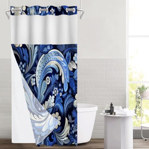 Seamless Paisley Floral No Hooks Shower Curtain with Snap in Liner Set, Damask Blue Paisley Flowers Tub Curtainn Mesh Top Window & Magnetic Hem Waterproof 35.5X74 Inch - color: Blue Damask Blue Paisley, size: 35.4"W x 74"L (Pack of 1)