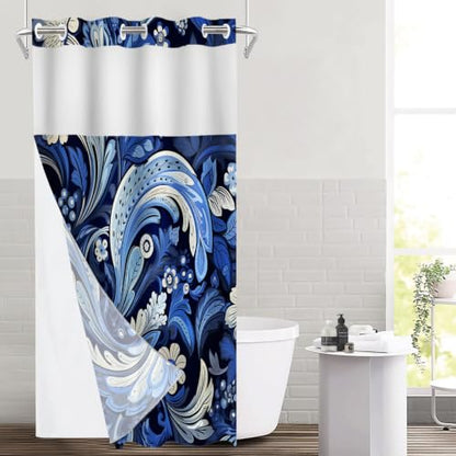 Seamless Paisley Floral No Hooks Shower Curtain with Snap in Liner Set, Damask Blue Paisley Flowers Tub Curtainn Mesh Top Window & Magnetic Hem Waterproof 35.5X74 Inch - color: Blue Damask Blue Paisley, size: 35.4"W x 74"L (Pack of 1)