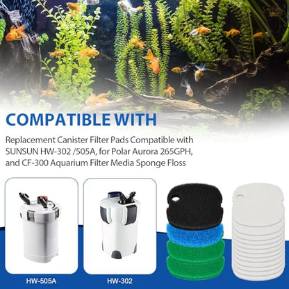 Replacement Canister Filter Pads Compatible with SUNSUN HW-302 /505A, for Polar Aurora 265GPH, and CF-300 Aquarium Filter Media Sponge Floss, Aquarium Sponge Media Parts Canister Filter Floss Pads