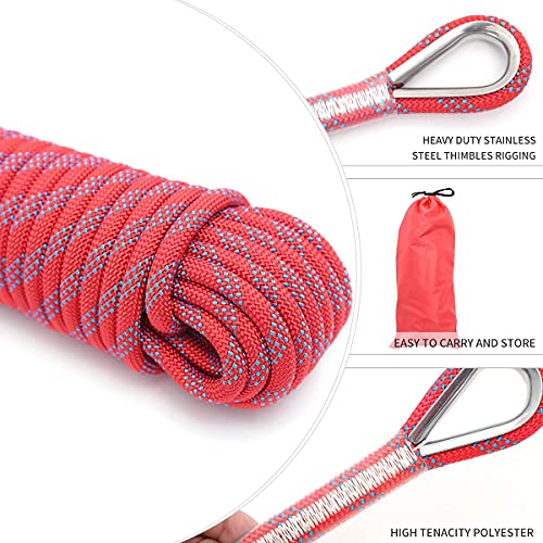 10mm/12mm (32FT/64FT) Climbing Rope, Outdoor Static Rock Climbing Rope, Tree Climbing Rappelling Rope, Escape Nylon Rope, Ice Climbing Equipment Fire Rescue Parachute Rope with 2 Steel Hooks - color: Red, size: 12mm/32ft