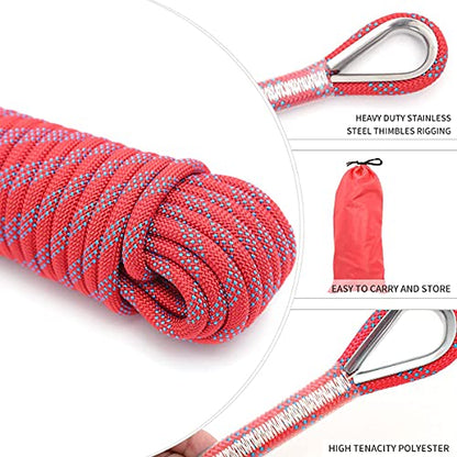 10mm/12mm (32FT/64FT) Climbing Rope, Outdoor Static Rock Climbing Rope, Tree Climbing Rappelling Rope, Escape Nylon Rope, Ice Climbing Equipment Fire Rescue Parachute Rope with 2 Steel Hooks - color: Red, size: 12mm/32ft