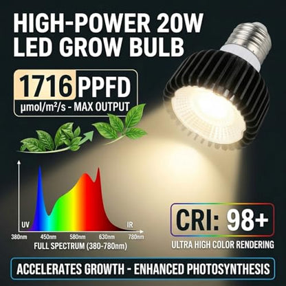 HMVPL Hanging Plant Light for Indoor Growing Full Spectrum, Grow Lights for Indoor Plants with 20W COB Grow Light Bulb, Wall Mounted Plant Light with Swing Arm, 4/8/12H Timer for Large Small Plant
