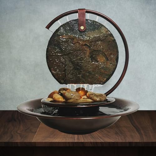 Pamopamo Indoor Tabletop Waterfall Moon Fountain, Home Décor Soothing Rain Sound Meditation Relaxing Fountains, Nature Slate Water Feature with Light for Room Office Desktop Decoration-13 Tall - size: Moon Fountain