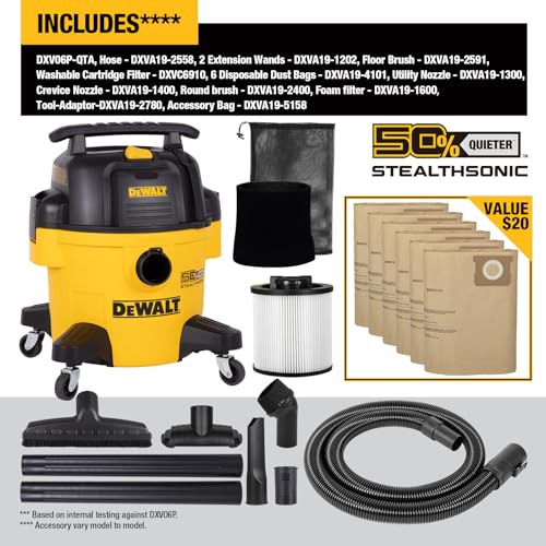 DEWALT STEALTHSONIC Wet Dry Shop Vacuum 6 Gallon 5 Peak HP, DXV06P-QTA | Ultra Quiet Motor with Powerful Suction, 6 Dust Bages and Complete Attachment Set for Garage, Workshop, Jobsite and Basement - size: 6 Gallon (6 Dust Bags)
