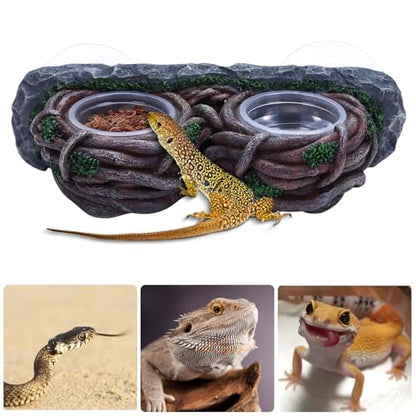 AIICIOO Crested Gecko Feeding Ledge Double Bowl Reptile Vine Food Ledge with 4 PCS Cup Corner Water Bowl for Lizard Snake Bearded Dragon Frog Turtle Terrarium Tank Decor - size: Vine Dual Feeder